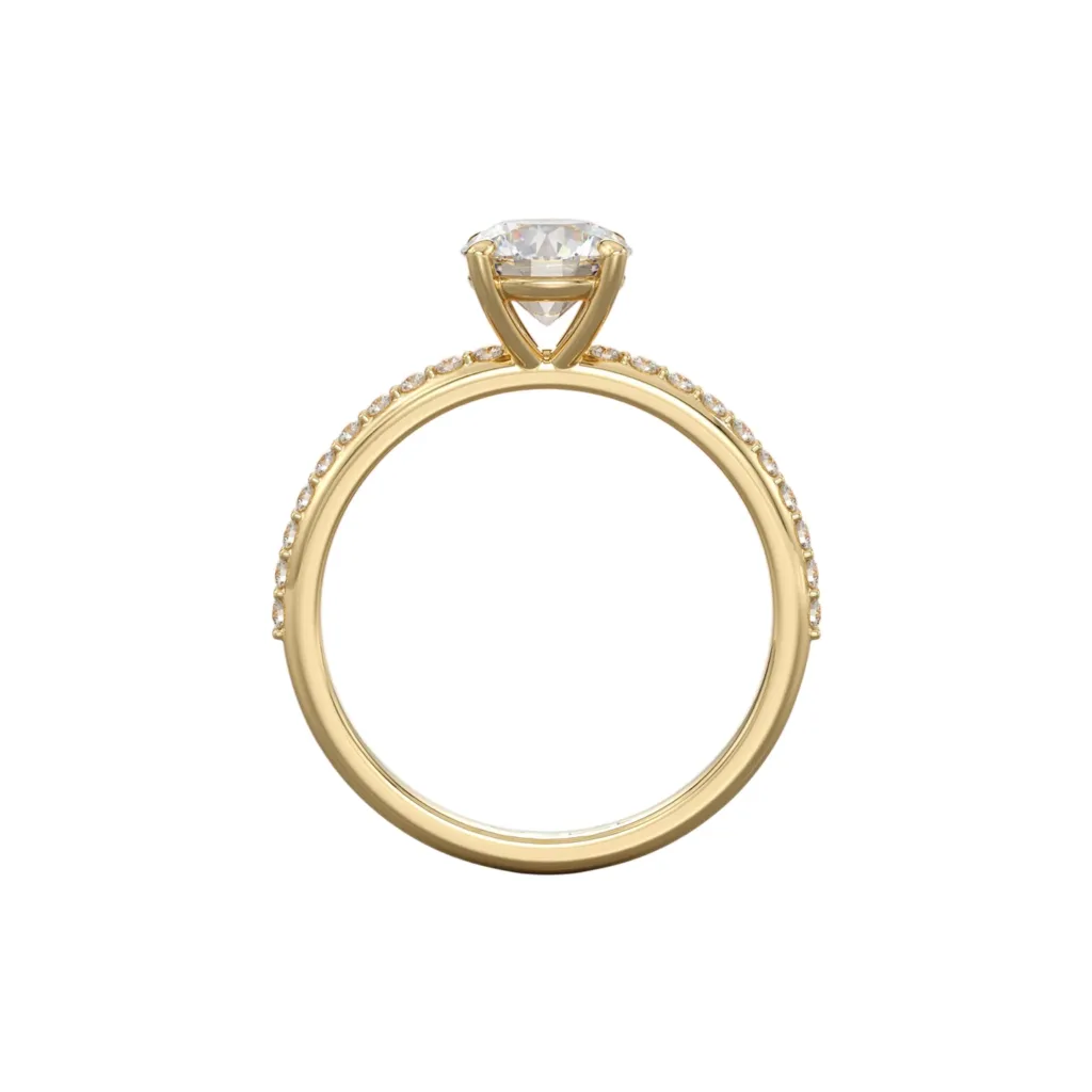 טבעת יהלום בחיתוך עגול עם יהלומי צד Pave setting זהב צהוב